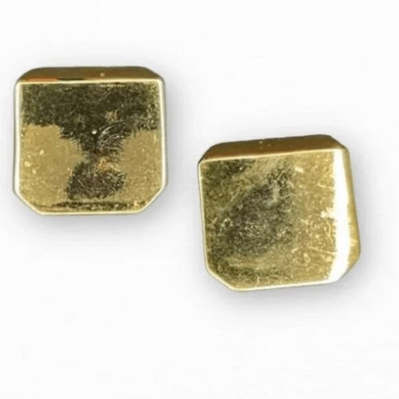 Vintage 80s Square Earrings Gold Tone Metal Clip-On Geometric Shape Shinny - Picture 1 of 6